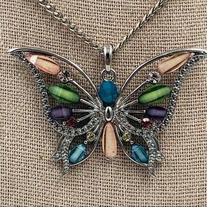 Butterfly Beaded Necklace Silver Tone Chain